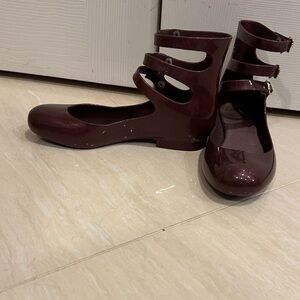 Melissa Vivienne Westwood Triple-Strap Ballet Flats in Burgundy